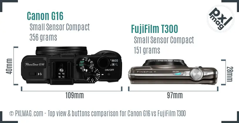 Canon G16 vs FujiFilm T300 top view buttons comparison