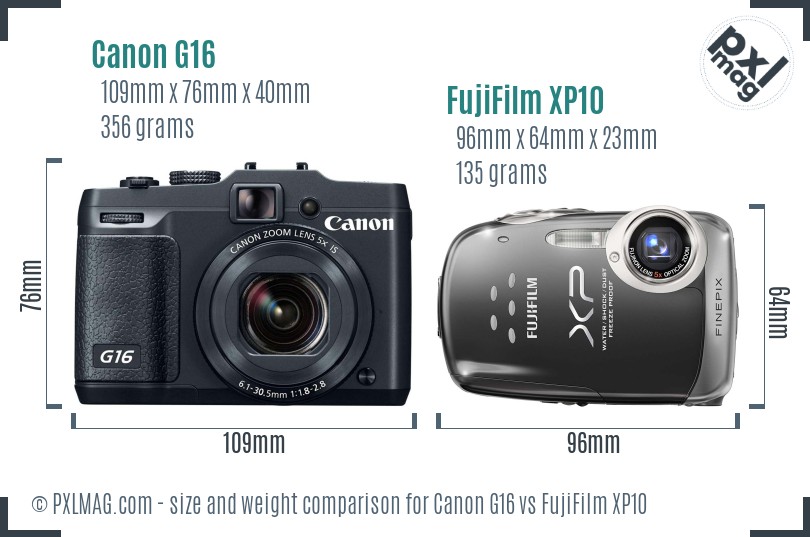 Canon G16 vs FujiFilm XP10 size comparison