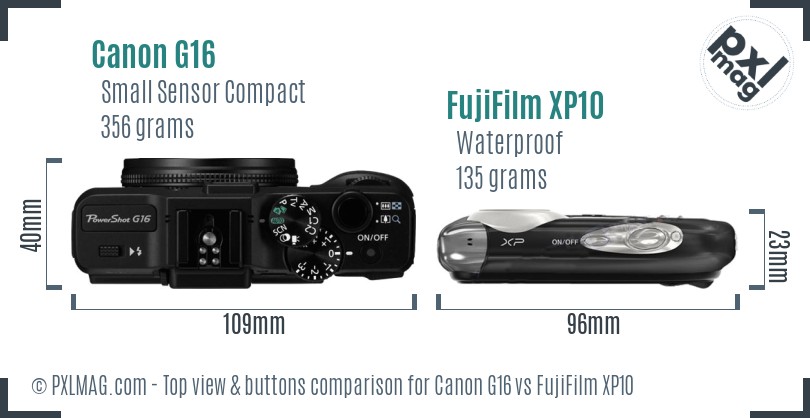 Canon G16 vs FujiFilm XP10 top view buttons comparison