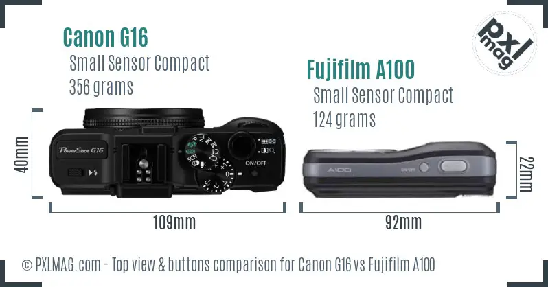 Canon G16 vs Fujifilm A100 top view buttons comparison
