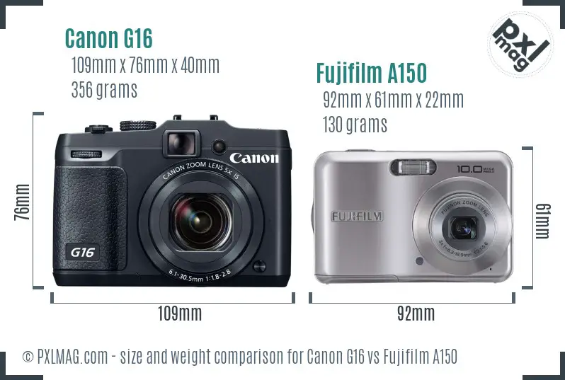 Canon G16 vs Fujifilm A150 size comparison
