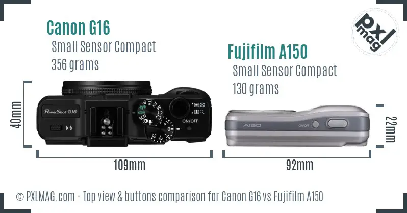 Canon G16 vs Fujifilm A150 top view buttons comparison