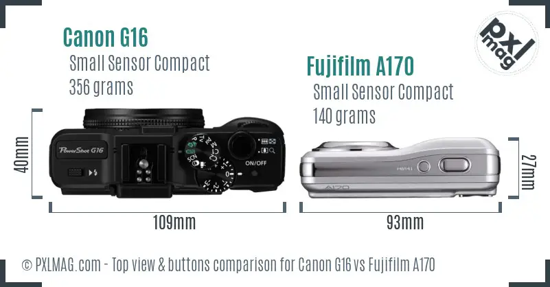 Canon G16 vs Fujifilm A170 top view buttons comparison