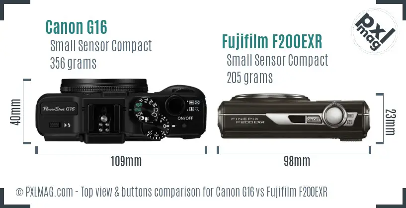 Canon G16 vs Fujifilm F200EXR top view buttons comparison