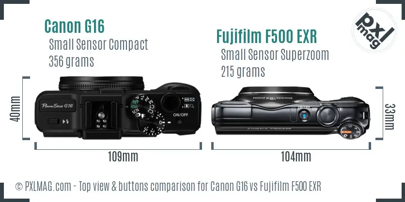 Canon G16 vs Fujifilm F500 EXR top view buttons comparison