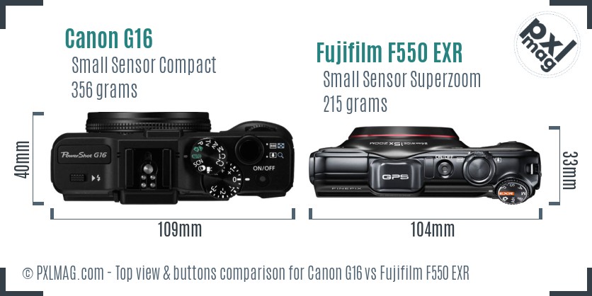 Canon G16 vs Fujifilm F550 EXR top view buttons comparison