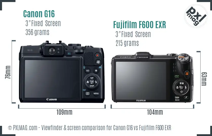 Canon G16 vs Fujifilm F600 EXR Screen and Viewfinder comparison
