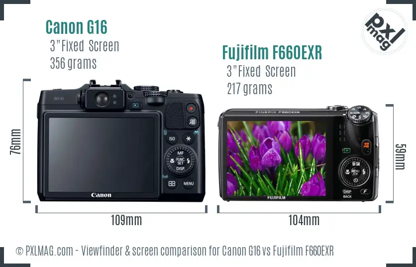 Canon G16 vs Fujifilm F660EXR Screen and Viewfinder comparison