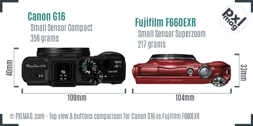 Canon G16 vs Fujifilm F660EXR top view buttons comparison