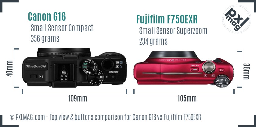 Canon G16 vs Fujifilm F750EXR top view buttons comparison