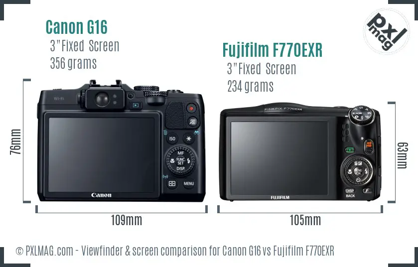 Canon G16 vs Fujifilm F770EXR Screen and Viewfinder comparison