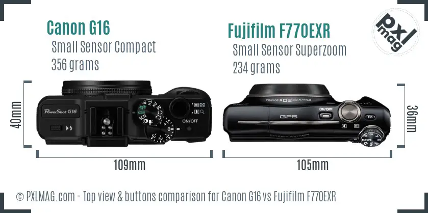 Canon G16 vs Fujifilm F770EXR top view buttons comparison