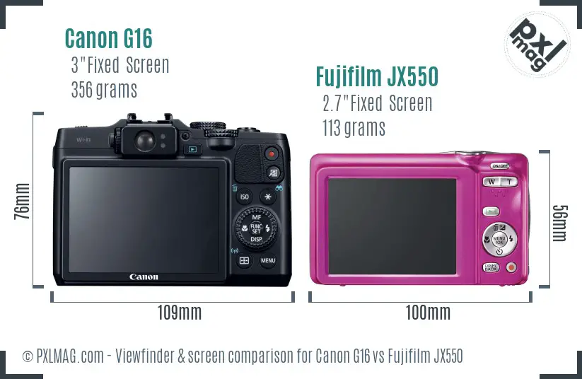 Canon G16 vs Fujifilm JX550 Screen and Viewfinder comparison