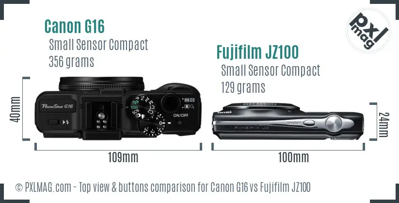 Canon G16 vs Fujifilm JZ100 top view buttons comparison