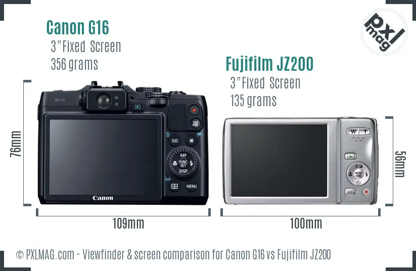 Canon G16 vs Fujifilm JZ200 Screen and Viewfinder comparison