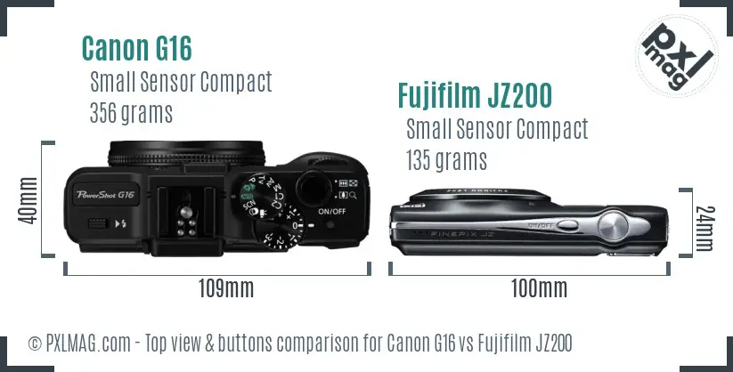 Canon G16 vs Fujifilm JZ200 top view buttons comparison