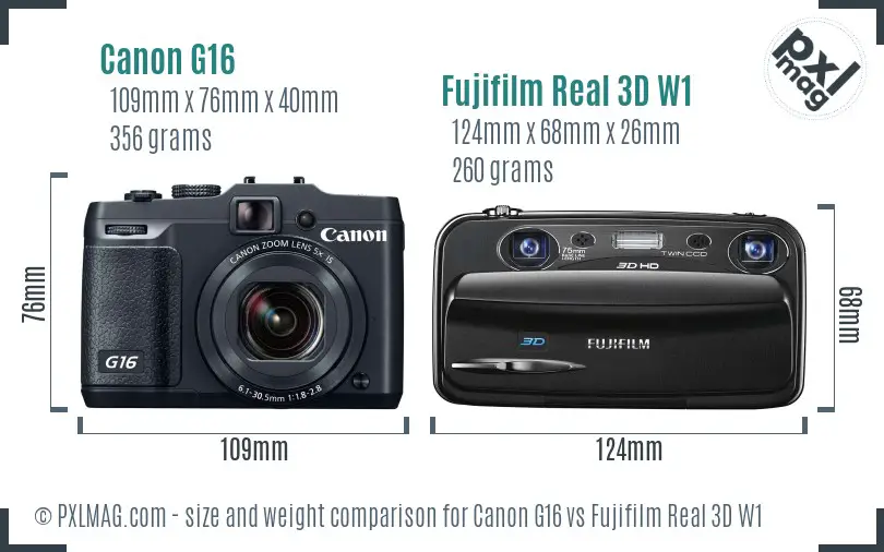Canon G16 vs Fujifilm Real 3D W1 size comparison