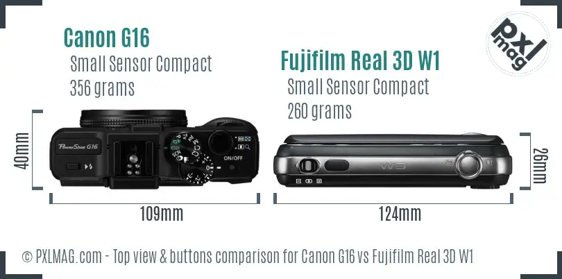 Canon G16 vs Fujifilm Real 3D W1 top view buttons comparison