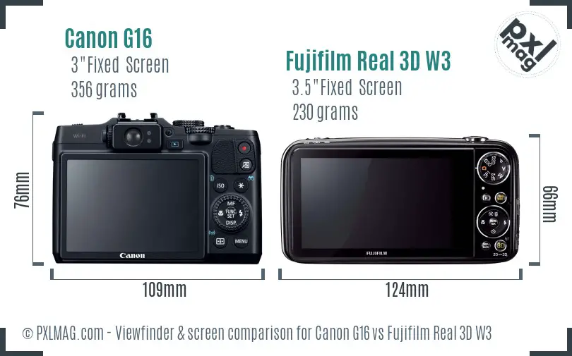 Canon G16 vs Fujifilm Real 3D W3 Screen and Viewfinder comparison