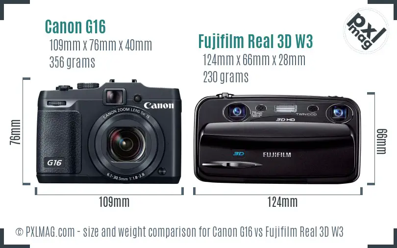 Canon G16 vs Fujifilm Real 3D W3 size comparison