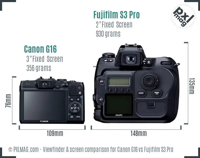 Canon G16 vs Fujifilm S3 Pro Screen and Viewfinder comparison