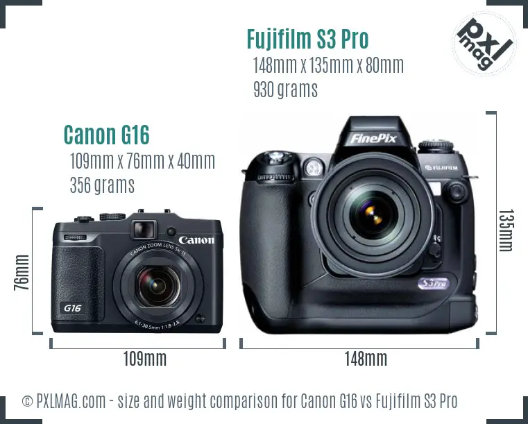 Canon G16 vs Fujifilm S3 Pro size comparison