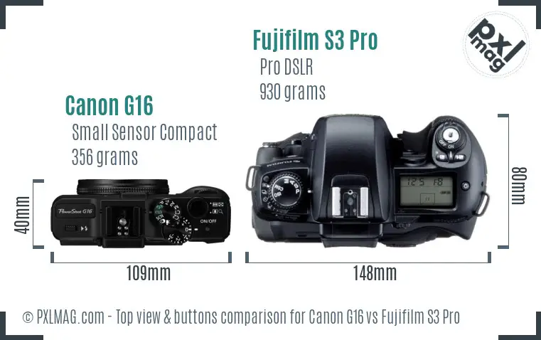 Canon G16 vs Fujifilm S3 Pro top view buttons comparison