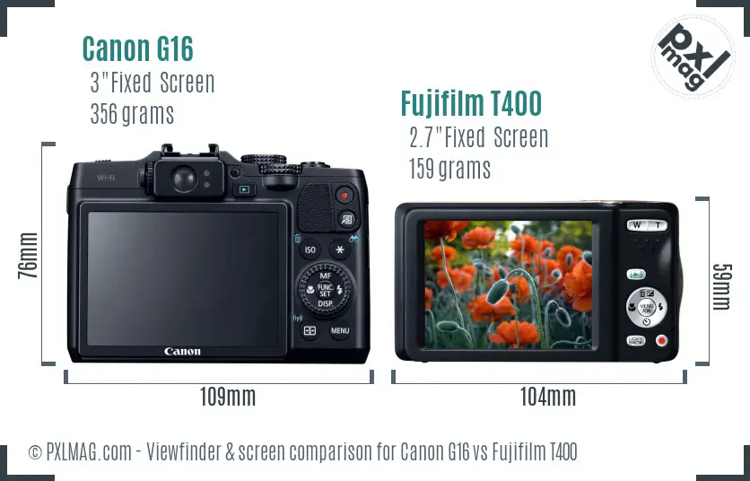 Canon G16 vs Fujifilm T400 Screen and Viewfinder comparison