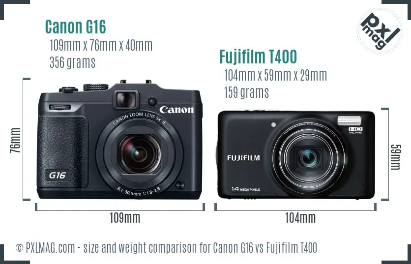 Canon G16 vs Fujifilm T400 size comparison