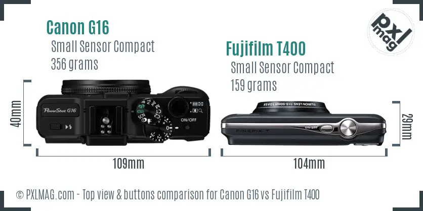 Canon G16 vs Fujifilm T400 top view buttons comparison