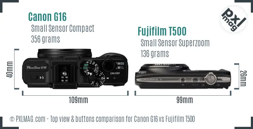 Canon G16 vs Fujifilm T500 top view buttons comparison Canon G16 vs Fujifilm T500 top view buttons comparison