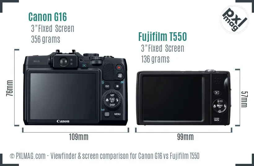 Canon G16 vs Fujifilm T550 Screen and Viewfinder comparison