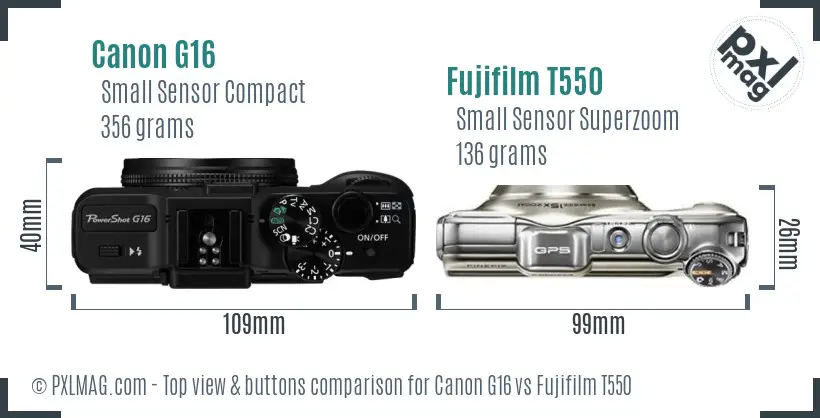 Canon G16 vs Fujifilm T550 top view buttons comparison
