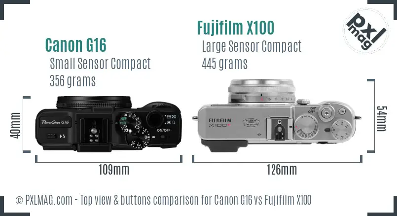 Canon G16 vs Fujifilm X100 top view buttons comparison Canon G16 vs Fujifilm X100 top view buttons comparison