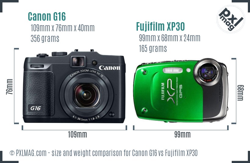 Canon G16 vs Fujifilm XP30 size comparison Canon G16 vs Fujifilm XP30 size comparison