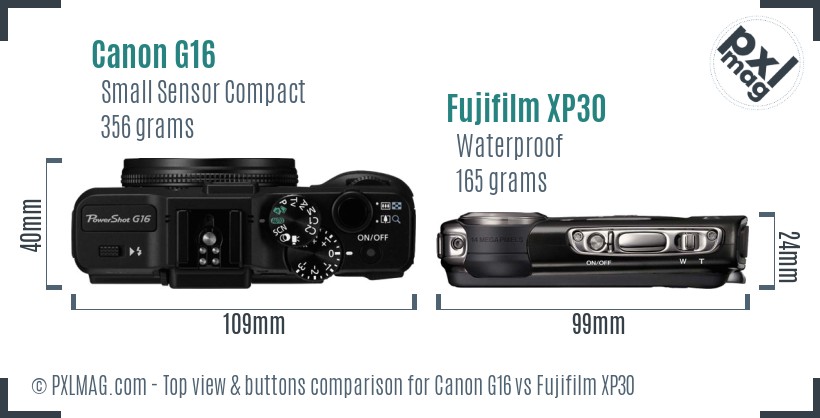 Canon G16 vs Fujifilm XP30 top view buttons comparison