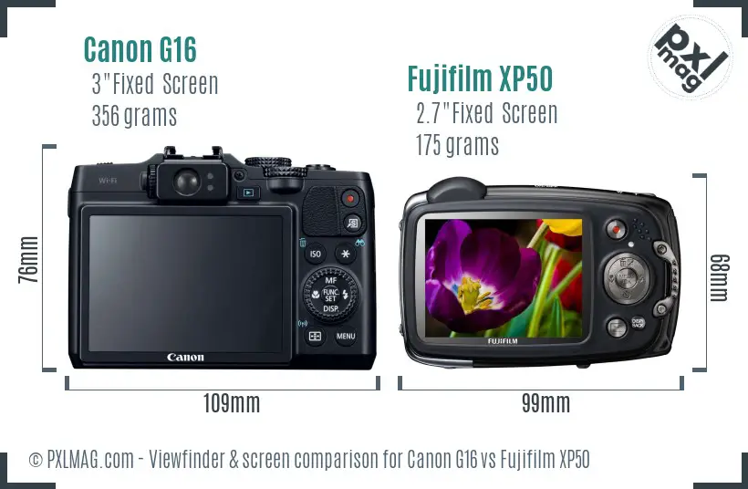 Canon G16 vs Fujifilm XP50 Screen and Viewfinder comparison