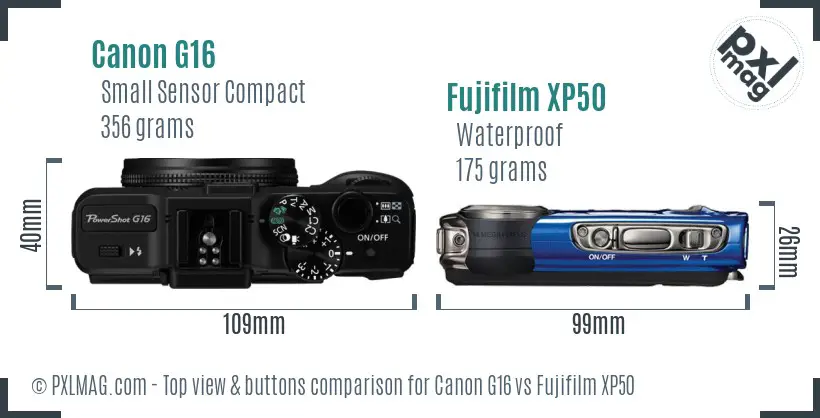 Canon G16 vs Fujifilm XP50 top view buttons comparison