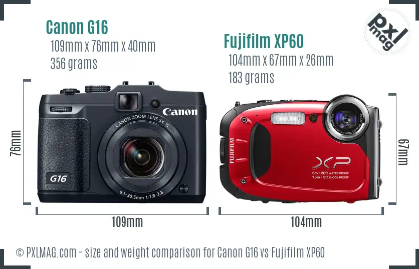 Canon G16 vs Fujifilm XP60 size comparison