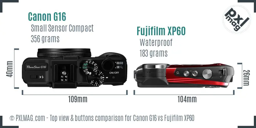 Canon G16 vs Fujifilm XP60 top view buttons comparison