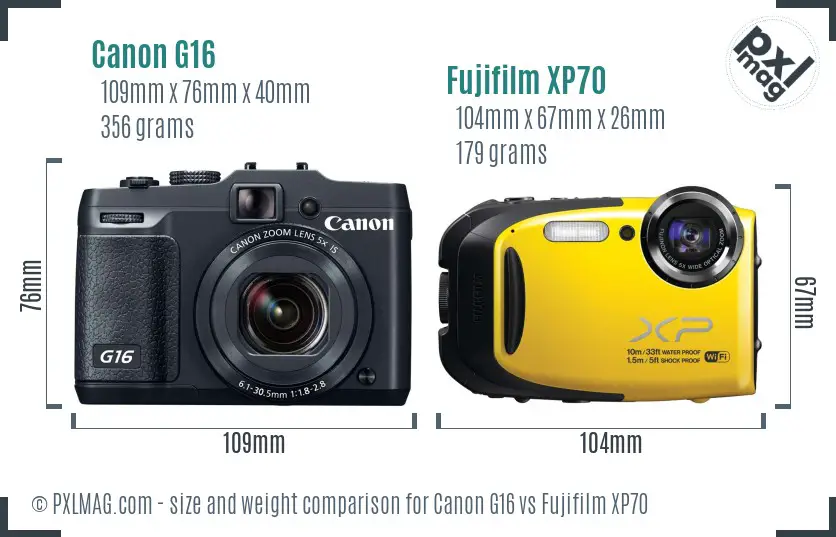 Canon G16 vs Fujifilm XP70 size comparison