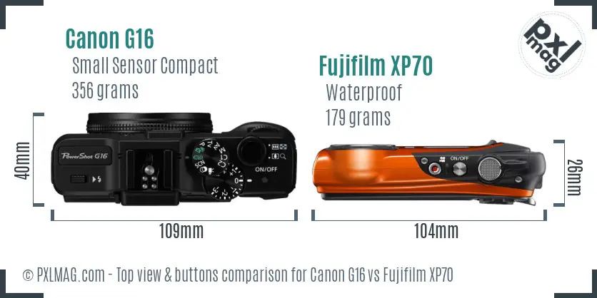 Canon G16 vs Fujifilm XP70 top view buttons comparison