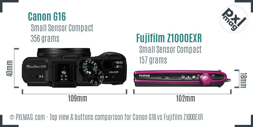 Canon G16 vs Fujifilm Z1000EXR top view buttons comparison