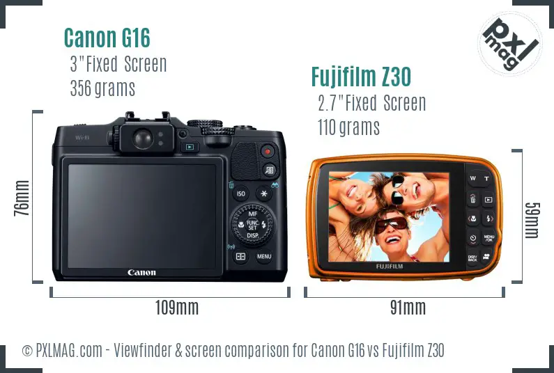 Canon G16 vs Fujifilm Z30 Screen and Viewfinder comparison