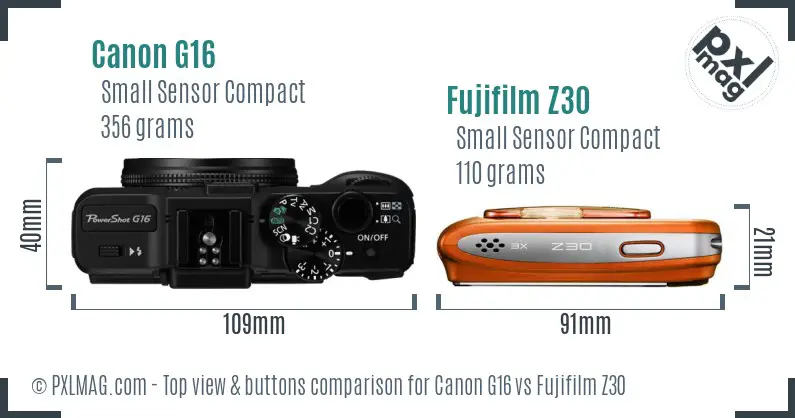 Canon G16 vs Fujifilm Z30 top view buttons comparison