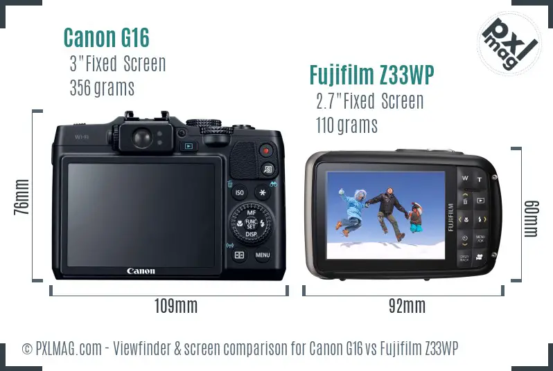 Canon G16 vs Fujifilm Z33WP Screen and Viewfinder comparison