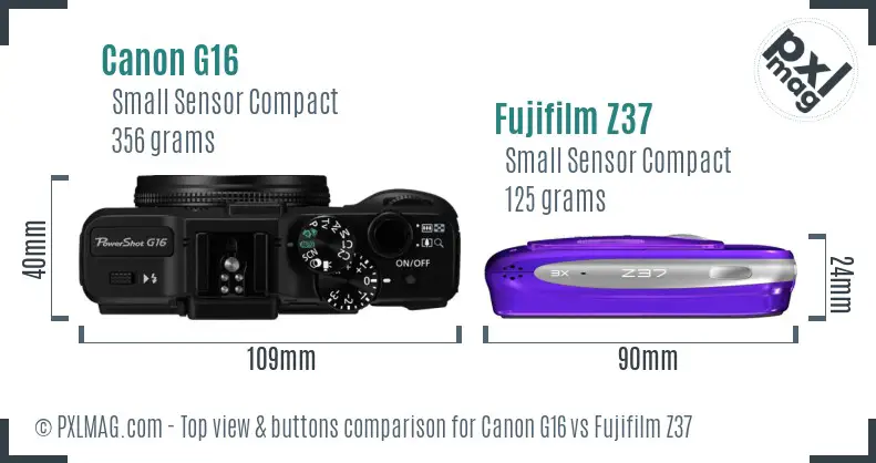Canon G16 vs Fujifilm Z37 top view buttons comparison