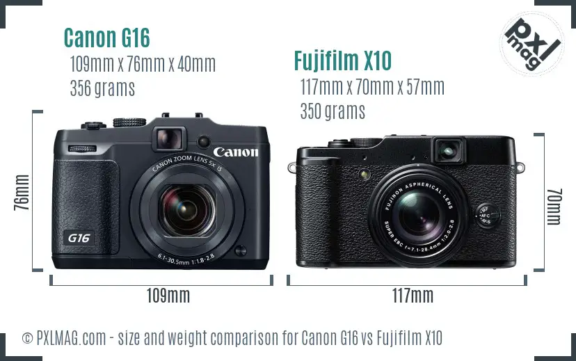 Canon G16 vs Fujifilm X10 size comparison