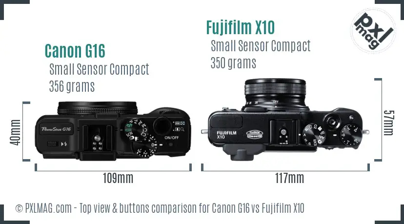 Canon G16 vs Fujifilm X10 top view buttons comparison