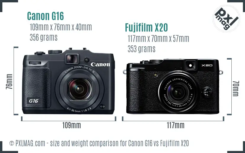 Canon G16 vs Fujifilm X20 size comparison